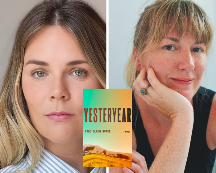 A photo collage of the program guests Caro Claire Burke and Maggie Shipstead and the book cover of Yesteryear