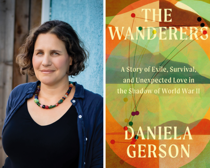 A photo collage of author Daniela Gerson and the multicolor book cover of The Wanderers.