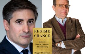 A photo collage with photos of Jonathan Swan and Todd Purfum with the yellow book cover of Regime Change.