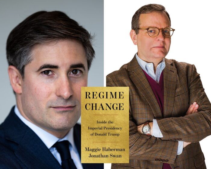 A photo collage with photos of Jonathan Swan and Todd Purfum with the yellow book cover of Regime Change.