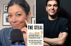 A Photo Collage of Alex Wagner and Jon Lovett. The beige book cover of The Steal is in the middle.