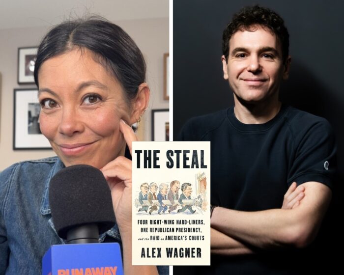 A Photo Collage of Alex Wagner and Jon Lovett. The beige book cover of The Steal is in the middle.