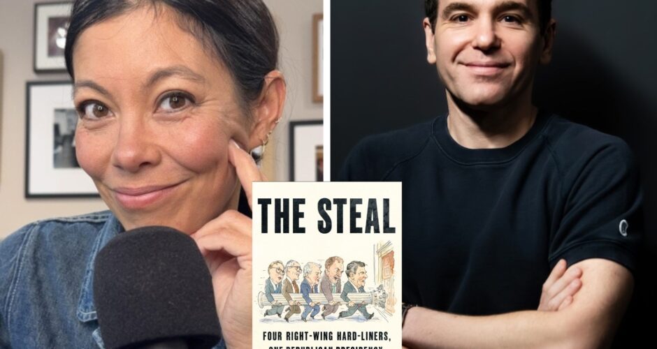 A Photo Collage of Alex Wagner and Jon Lovett. The beige book cover of The Steal is in the middle.