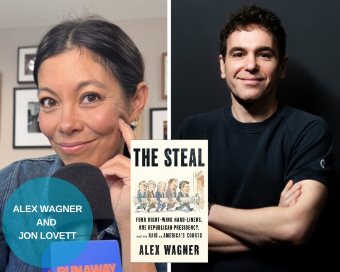 A Photo Collage of Alex Wagner and Jon Lovett. The beige book cover of The Steal is in the middle. There is a blue circle with their names on the bottom left corner.
