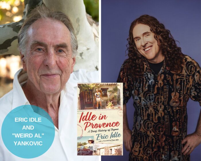 A Photo Collage of Eric Idle and "Weird Al" Yankovic. The beige book cover of Idle in Provence is in the middle. There is a blue circle with their names on the bottom left corner.
