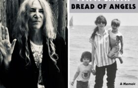 A photo collage of Patti Smith and the book cover of Bread of Angels. Both are in black and white.