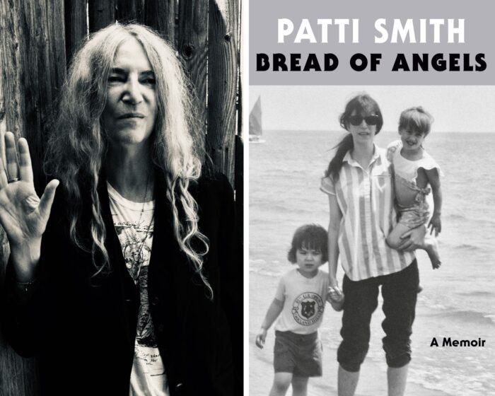 A photo collage of Patti Smith and the book cover of Bread of Angels. Both are in black and white.