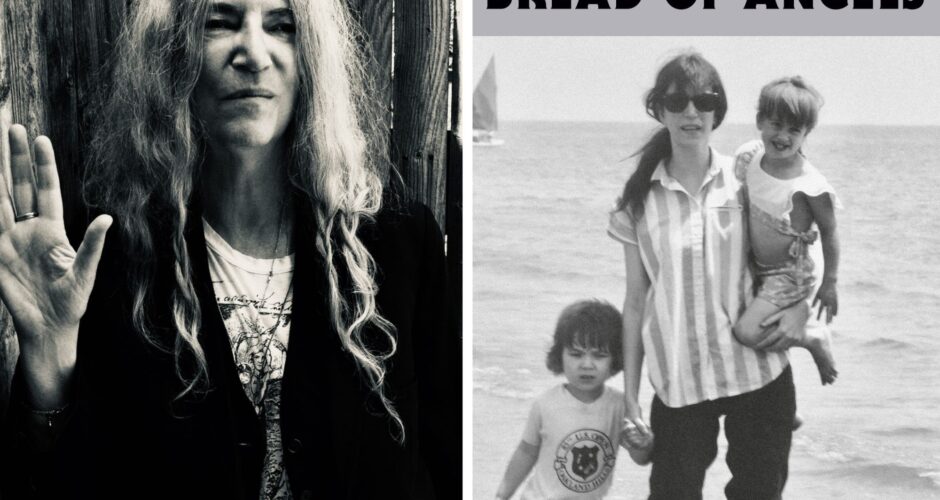 A photo collage of Patti Smith and the book cover of Bread of Angels. Both are in black and white.