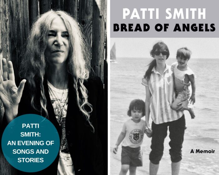 A photo collage of Patti Smith and the book cover of Bread of Angels. Both are in black and white. There is a blue circle on the lower left corner that says "Patti Smith: An Evening of Songs and Stories
