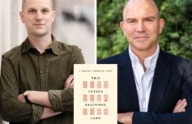 A photo collage of Evan Gershkovich with Ben Rhodes with the beige book cover of This Cursed, Beautiful Land