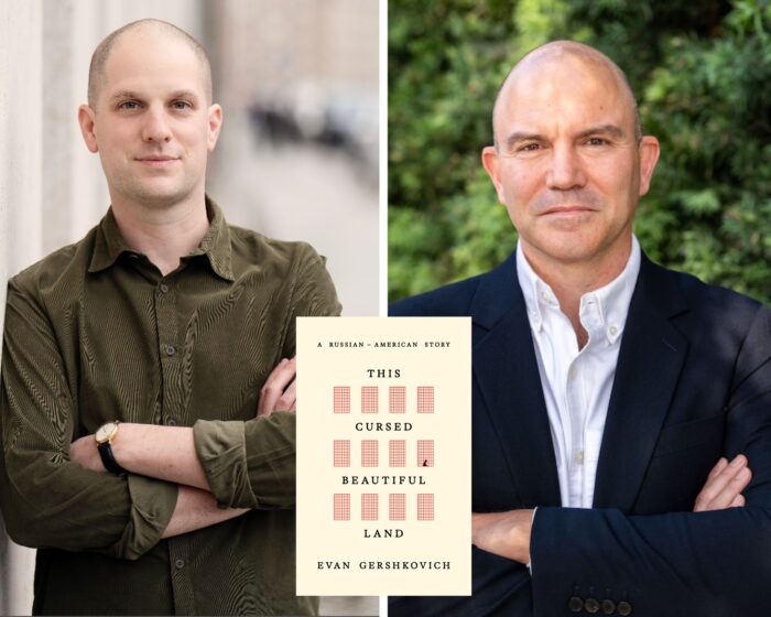 A photo collage of Evan Gershkovich with Ben Rhodes with the beige book cover of This Cursed, Beautiful Land