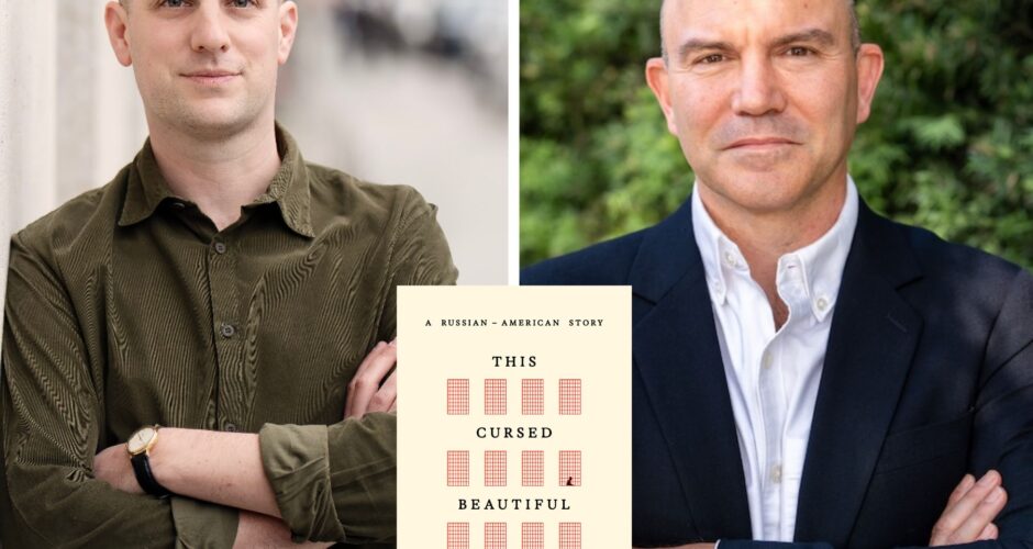 A photo collage of Evan Gershkovich with Ben Rhodes with the beige book cover of This Cursed, Beautiful Land