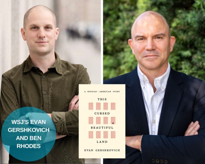 A photo collage of Evan Gershkovich and Ben Rhodes with the beige book cover of This Cursed, Beautiful Land