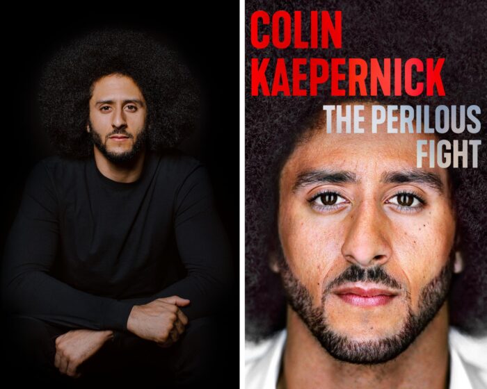 A photo collage with a portrait of Colin Kaepernick on the left and the book cover of The Perilous Fight on the right, which includes a close up photo of Colin Kaepernick.