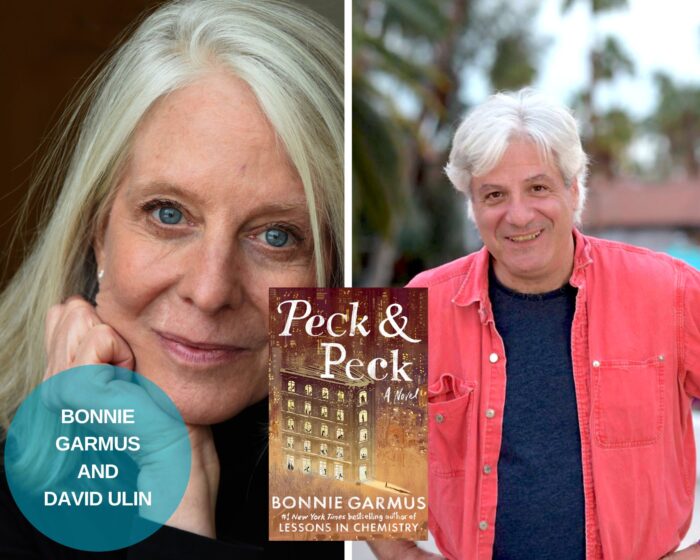 A Photo Collage of Bonnie Garmus and David Ulin. The book cover of Peck & Peck is in the middle. There is a blue circle with their names on the bottom left corner.