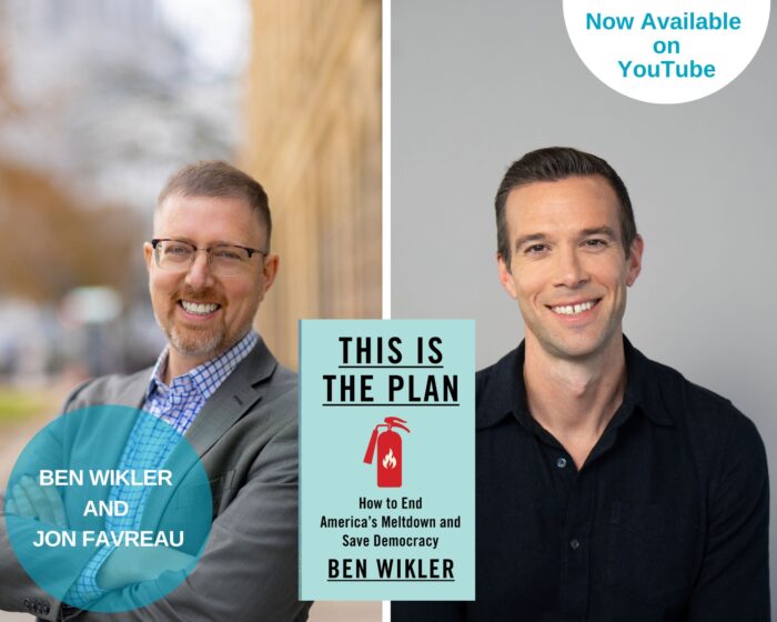 A photo collage of the program guests Ben Wiklxer and Jon Favreau. The light blue book cover, This is the Plan, is in the middle. There is a blue circle on the lower left corner with the guests' names. There is a half circle on the upper right that says "Now on YouTube"

