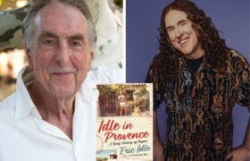 A Photo Collage of Eric Idle and "Weird Al" Yankovic. The beige book cover of Idle in Provence is in the middle.