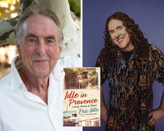 A Photo Collage of Eric Idle and "Weird Al" Yankovic. The beige book cover of Idle in Provence is in the middle.
