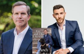 A photo collage with photos of Andy Beshear and Brian Tyler Cohen with the book cover of GO AND DO LIKEWISE: How We Heal a Broken Country, which is a photo of Beshear with his dog.