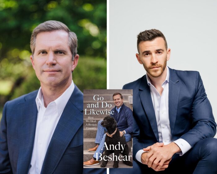 A photo collage with photos of Andy Beshear and Brian Tyler Cohen with the book cover of GO AND DO LIKEWISE: How We Heal a Broken Country, which is a photo of Beshear with his dog.