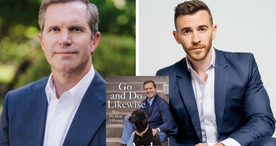 A photo collage with photos of Andy Beshear and Brian Tyler Cohen with the book cover of GO AND DO LIKEWISE: How We Heal a Broken Country, which is a photo of Beshear with his dog.
