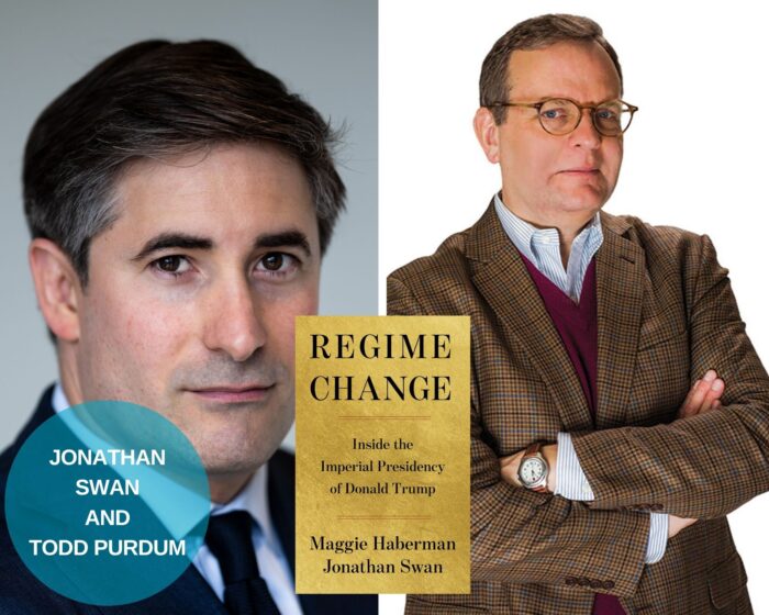 A photo collage with photos of Jonathan Swan and Todd Purfum with the yellow book cover of Regime Change. There is a blue circle on the lower left corner with their names.