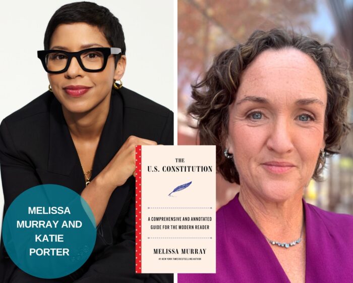 A photo collage of Melissa Murray, Katie Porter and the beige book cover of The U.S. Constitution. There is a blue circle on the lower left with the guests' names.