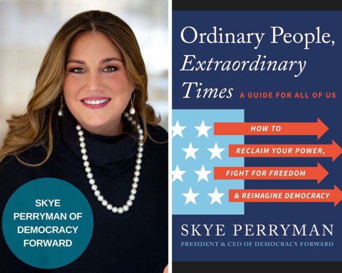 A Photo Collage of Skye Perryman and the blue book cover of Ordinary People, Extraordinary Times. There is a blue circle with her name on the bottom left corner