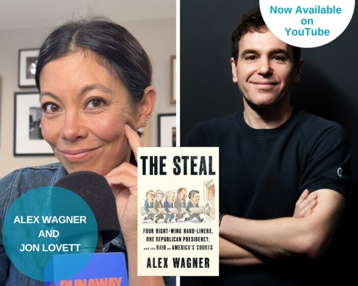 A Photo Collage of Alex Wagner and Jon Lovett. The beige book cover of The Steal is in the middle. There is a blue circle with their names on the bottom left corner. It says "Now on Youtube" in a half white circle on the upper right.