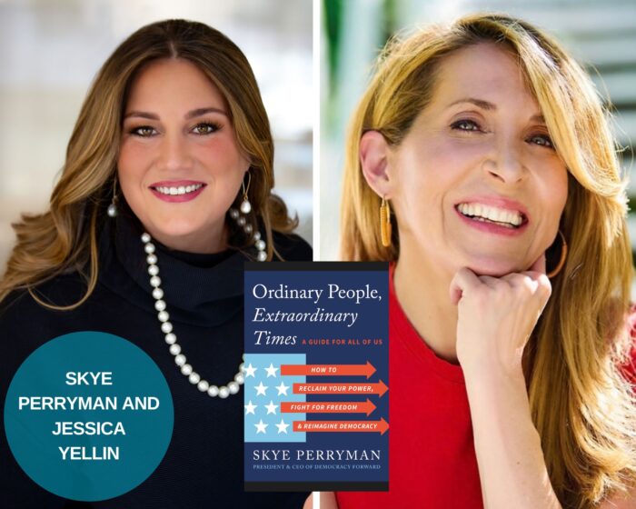 A Photo Collage of Skye Perryman, Jessica Yellin and the blue book cover of Ordinary People, Extraordinary Times. There is a blue circle with their names on the bottom left corner