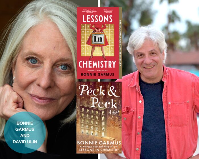 A Photo Collage of Bonnie Garmus and David Ulin. The book covers of Lessons in Chemistry and Peck & Peck is in the middle. There is a blue circle with their names on the bottom left corner.