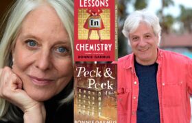 A Photo Collage of Bonnie Garmus and David Ulin. The book covers of Lessons in Chemistry and Peck & Peck is in the middle.
