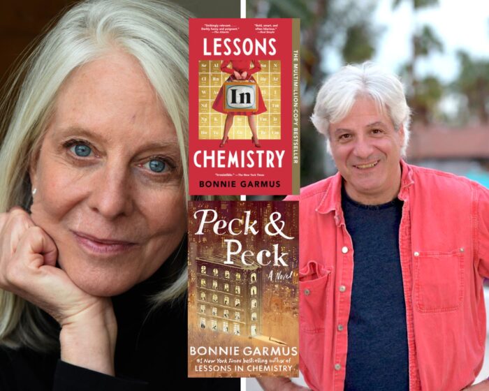 A Photo Collage of Bonnie Garmus and David Ulin. The book covers of Lessons in Chemistry and Peck & Peck is in the middle.