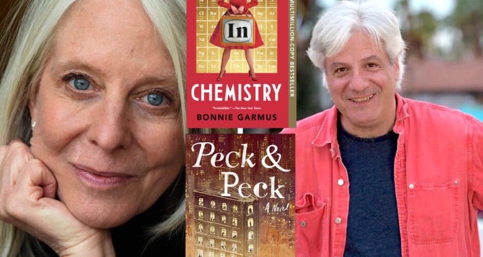 A Photo Collage of Bonnie Garmus and David Ulin. The book covers of Lessons in Chemistry and Peck & Peck is in the middle.