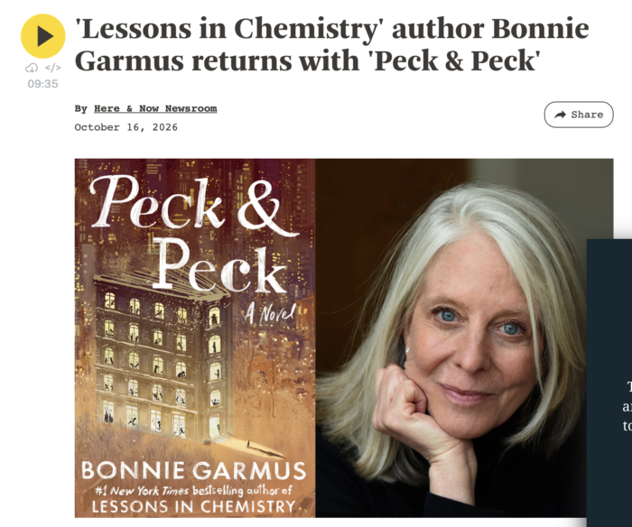 A photo grid with Peck and Peck's book cover and the author photo of Bonnie Garmus. The headline says, 'Lessons in Chemistry' author Bonnie Garmus returns with 'Peck & Peck'