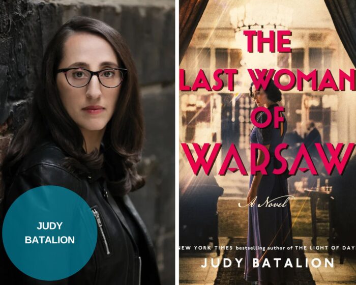 A photo grid with a photo of Judy Batalion and the book cover, The Last Woman of Warsaw. There is a blue circle on the lower left corner with the name of the author.