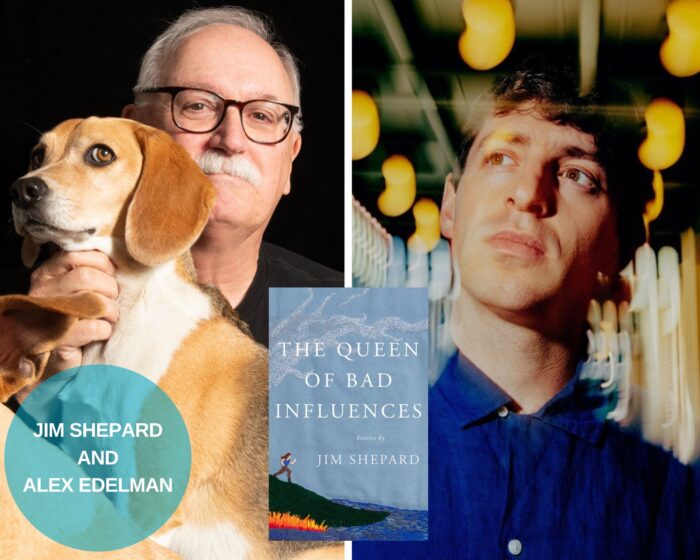A photo collage with Jim Shepard, his two dogs, and Alex Edelman. There is the blue book cover of The Queen of Bad Influences.